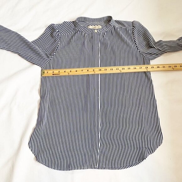 LOFT blue white striped mock collar hidden button front long sleeve top - Picture 8 of 10